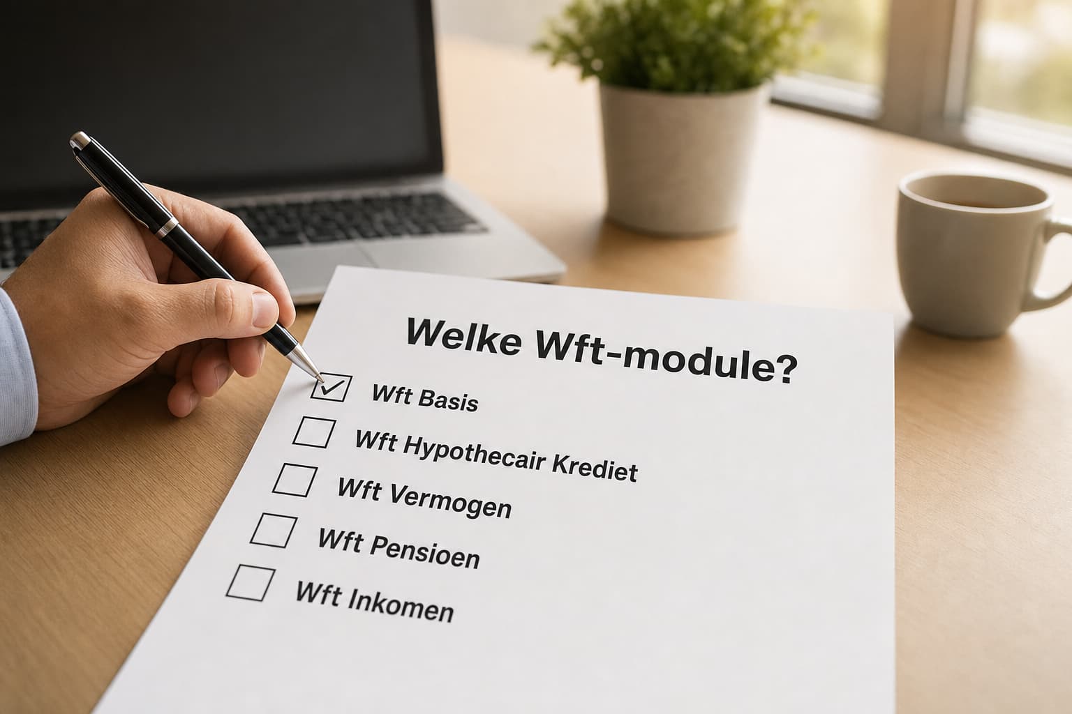 Checklist met Wft-modules waarop iemand met een pen een keuze aanvinkt