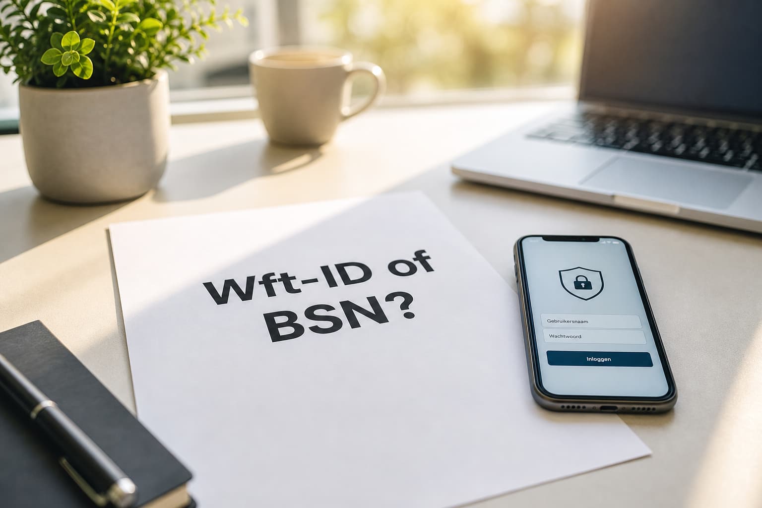 Printbericht met de keuze tussen Wft-ID en BSN naast een smartphone met een beveiligde inlog